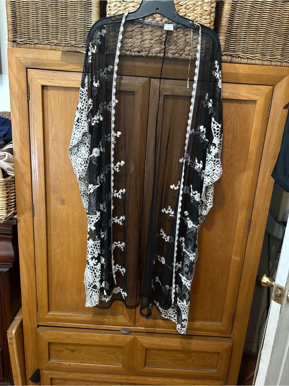 Sheer Black and White Embroidered Kimono Cover-Up